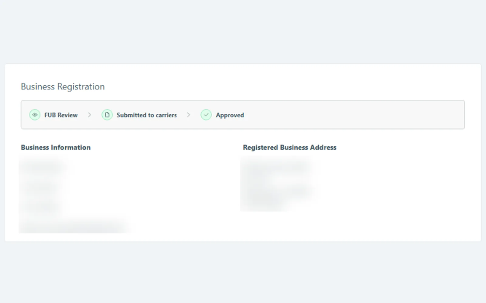 Follow Up Boss business registration showing FUB Review, Submitted to carriers and Approved