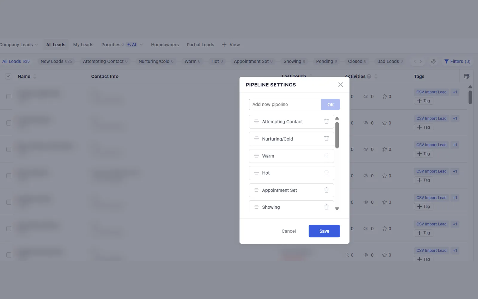 Lofty pipeline settings with lead stages from Attempting Contact to Showing, lead names blurred
