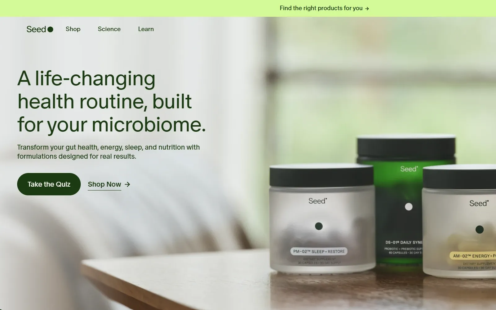 Seed supplement website home page with product jars