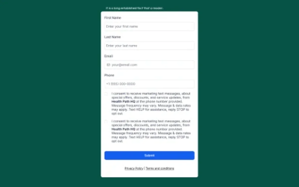 Website form with separate, unticked SMS consent checkboxes and STOP and HELP wording